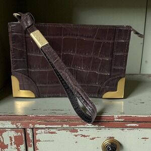 Foley + Corinna Brown Croc Embossed‎ Clutch Wristlet Gold Hardware Designer